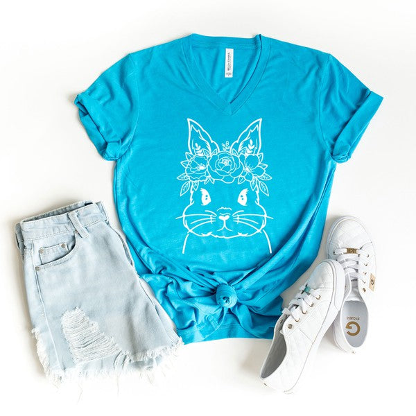 Bunny Face Floral Graphic V-Neck Tee