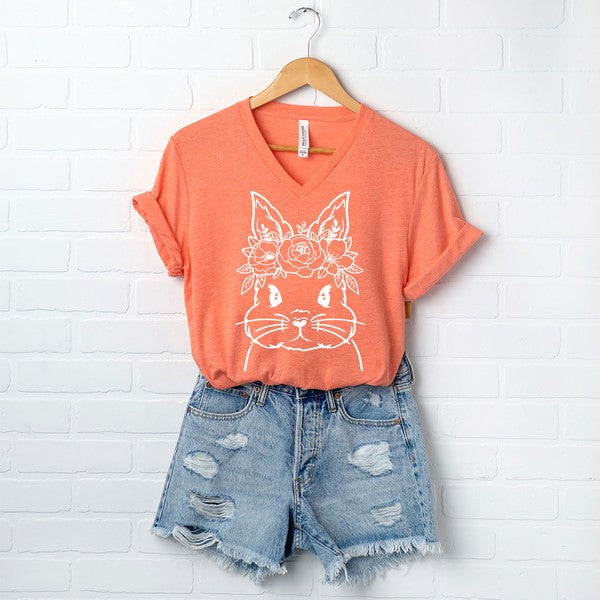 Bunny Face Floral Graphic V-Neck Tee
