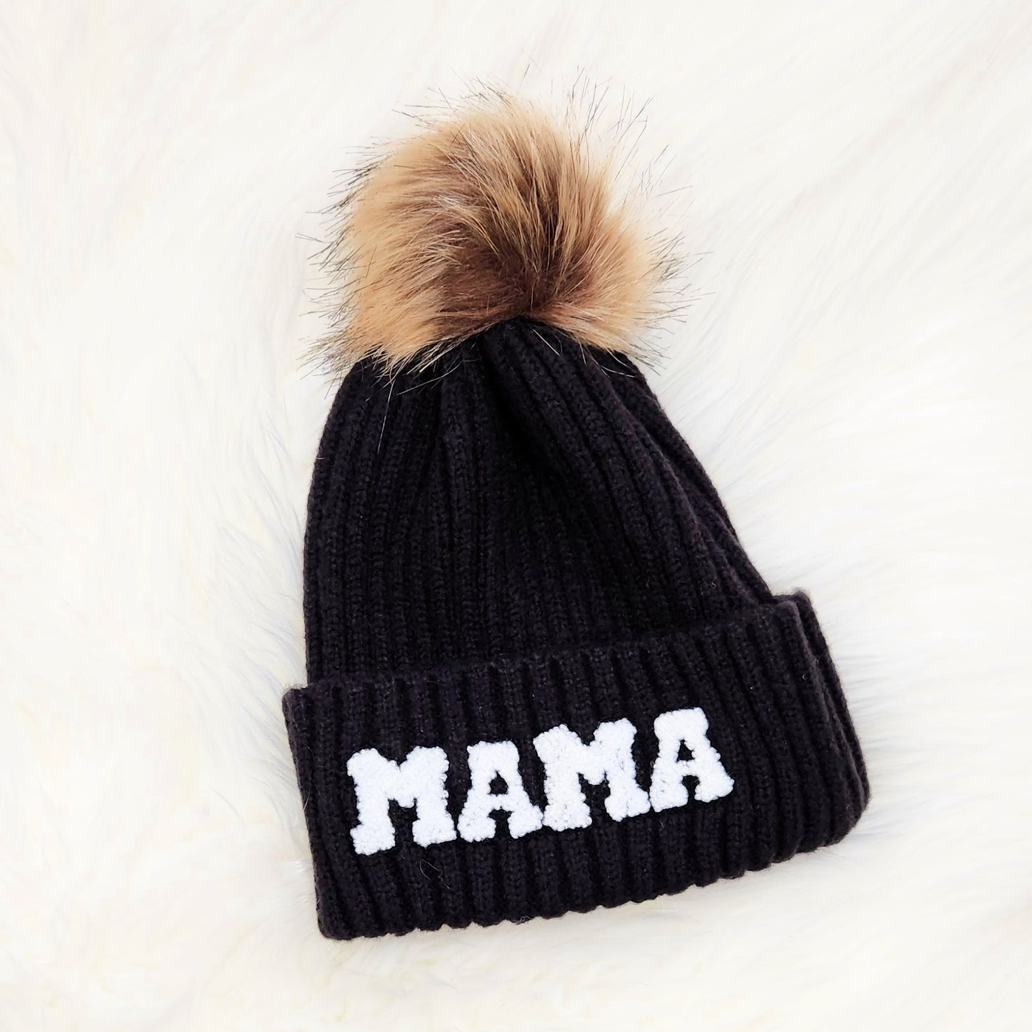 Mama Beanie | Chenille Patch w/Faux Fur Pom