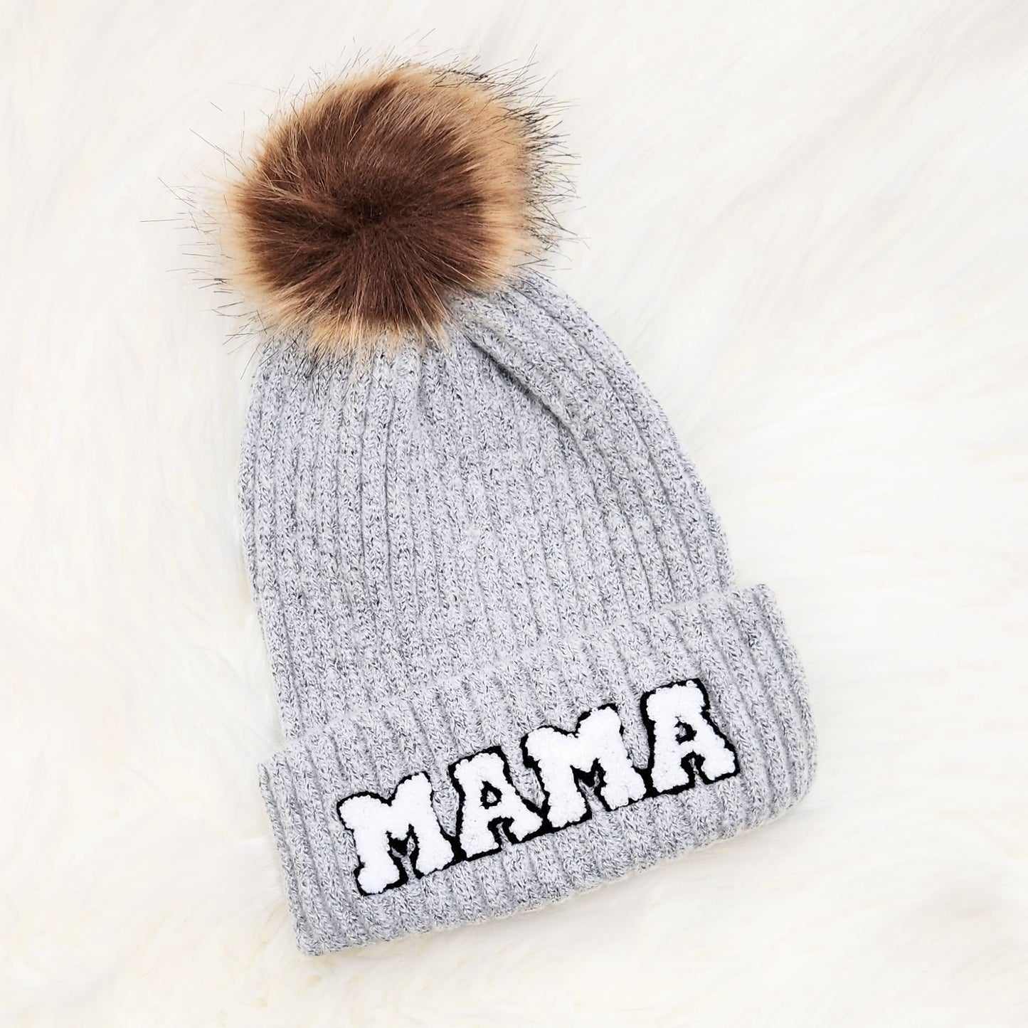 Mama Beanie | Chenille Patch w/Faux Fur Pom