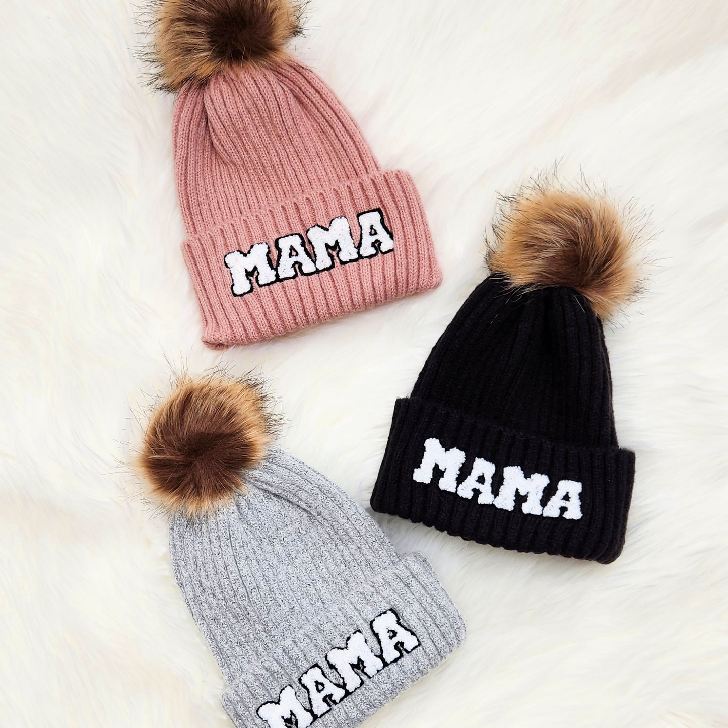 Mama Beanie | Chenille Patch w/Faux Fur Pom