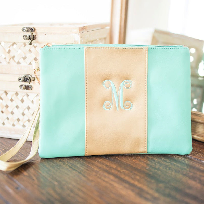 Monogram It: Gold Center Clutch w/ Wristlet