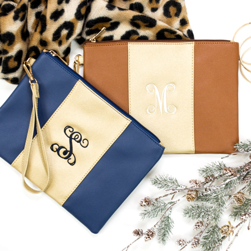 Monogram It: Gold Center Clutch w/ Wristlet