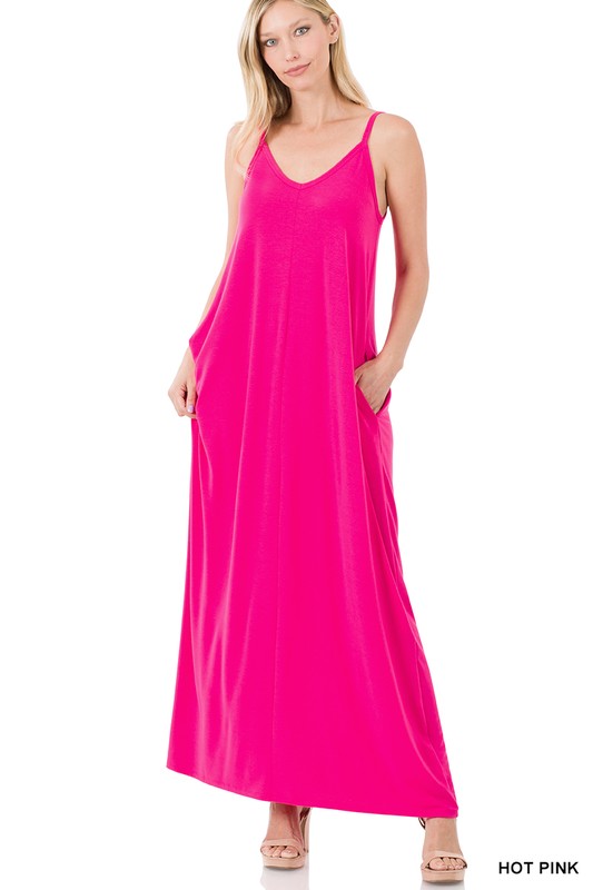 V-Neck Cami Maxi Dress with Side Pockets