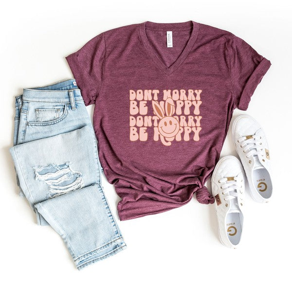 Don't Worry be Hoppy Stacked Graphic V-Neck Tee