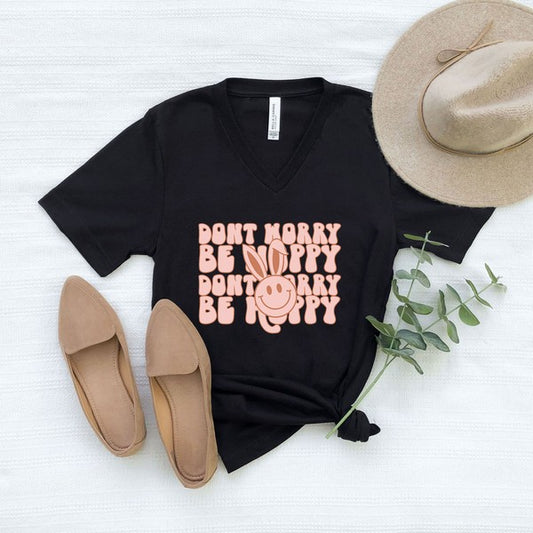 Don't Worry be Hoppy Stacked Graphic V-Neck Tee