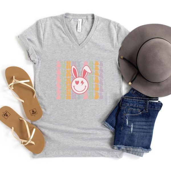 Bunny Babe Smiley Face Graphic V-Neck Tee