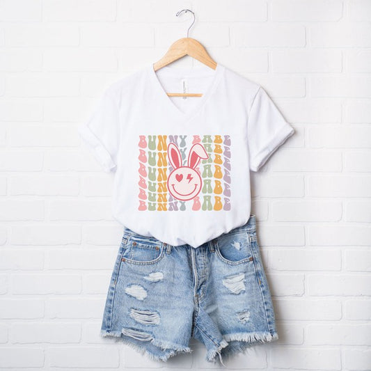 Bunny Babe Smiley Face Graphic V-Neck Tee