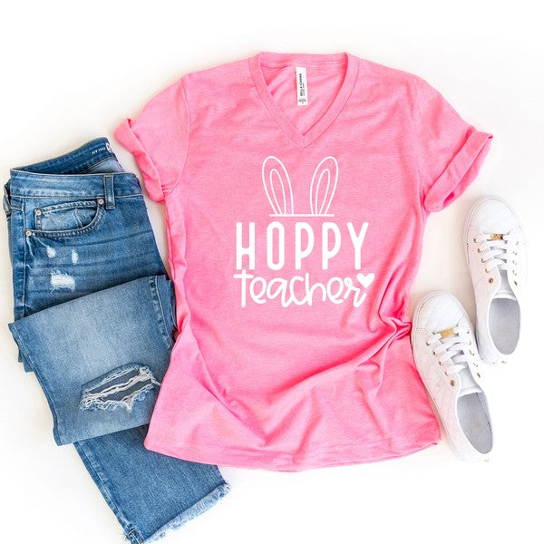 Hoppy Teacher Graphic V-Neck Tee