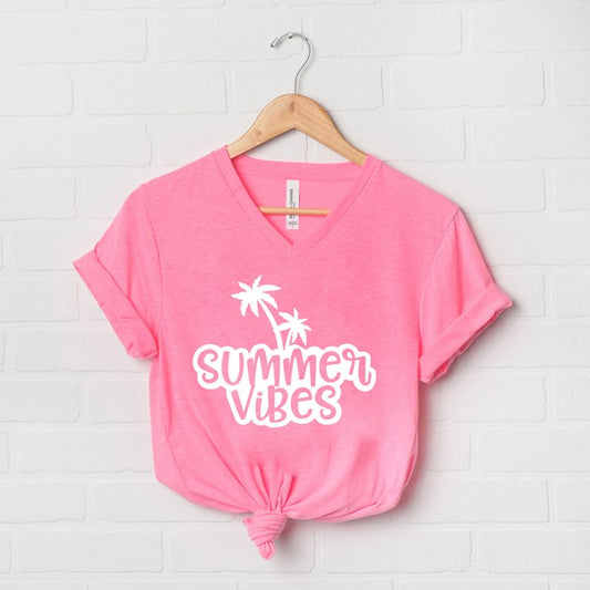 Summer Vibes Cursive Palm Trees Graphic V-Neck Tee