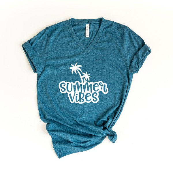 Summer Vibes Cursive Palm Trees Graphic V-Neck Tee