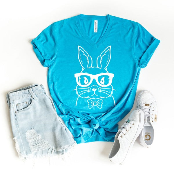 Bunny Face with Bowtie Graphic V-Neck Tee