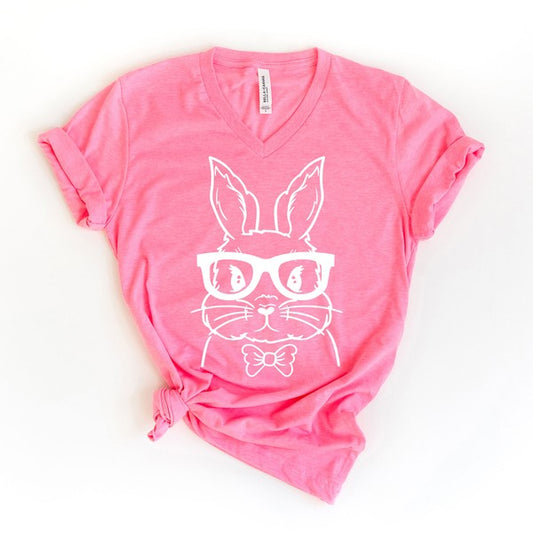 Bunny Face with Bowtie Graphic V-Neck Tee