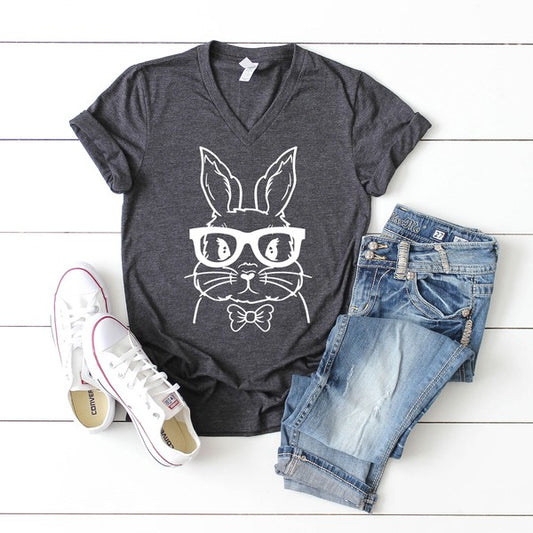 Bunny Face with Bowtie Graphic V-Neck Tee