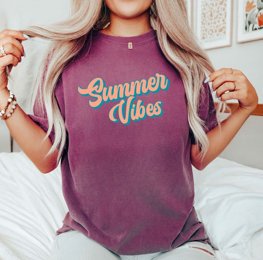 Summer Vibes Colorful Cursive Garment Dyed Tee