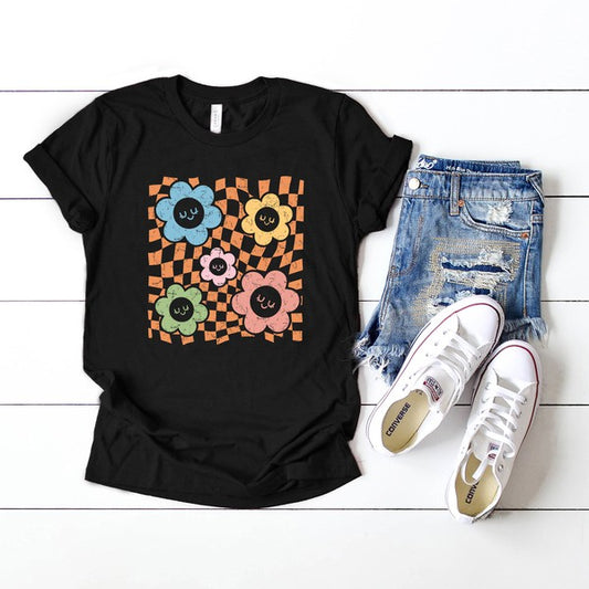 Checkered Flowers Smiley Short Sleeve Graphic Tee