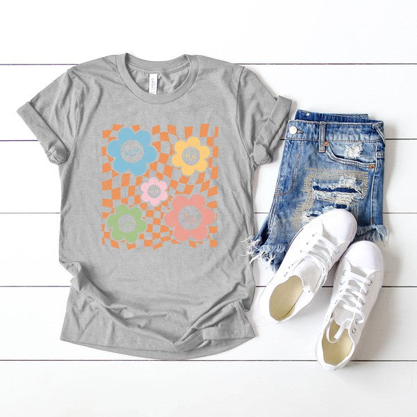 Checkered Flowers Smiley Short Sleeve Graphic Tee