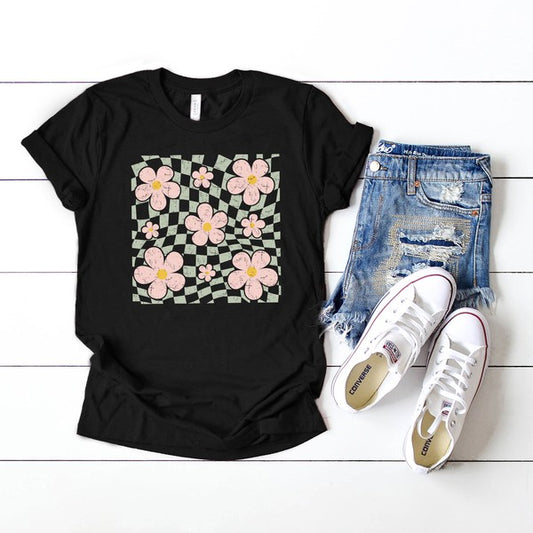 Wavy Checkered Flowers Short Sleeve Graphic Tee