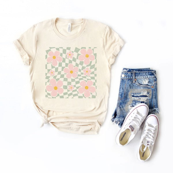 Wavy Checkered Flowers Short Sleeve Graphic Tee