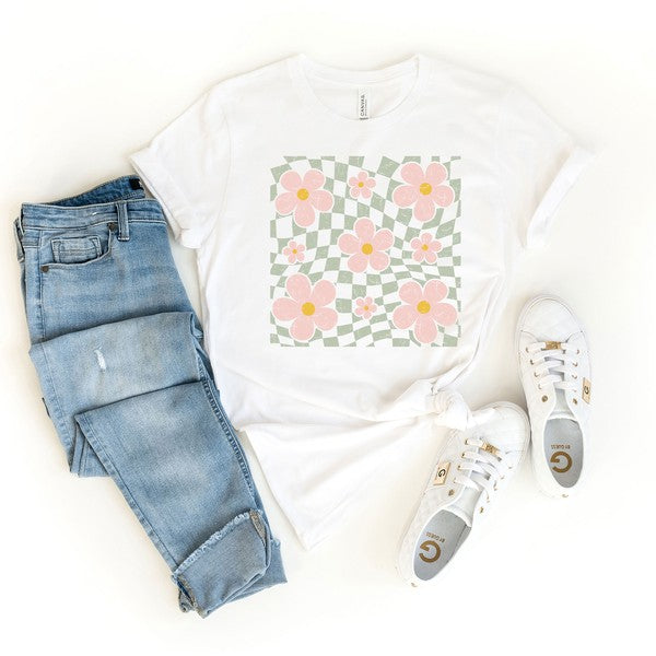 Wavy Checkered Flowers Short Sleeve Graphic Tee