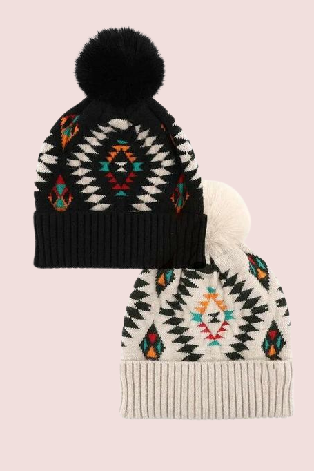 Aztec Faux Fur Pom Beanie Hat Cap