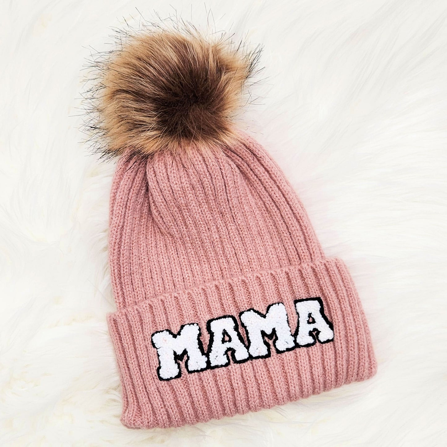 Mama Beanie | Chenille Patch w/Faux Fur Pom