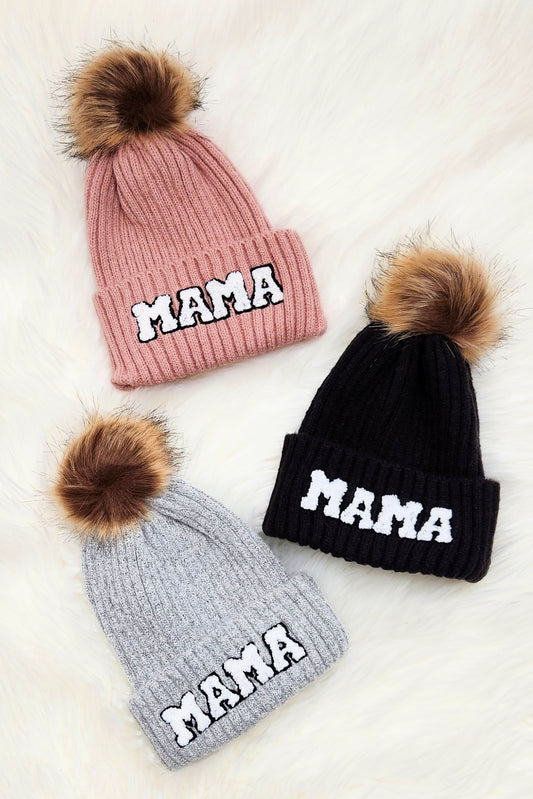Mama Beanie | Chenille Patch w/Faux Fur Pom
