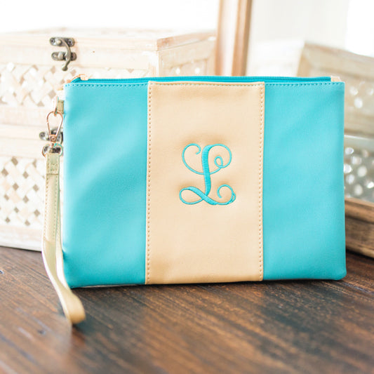 Monogram It: Gold Center Clutch w/ Wristlet