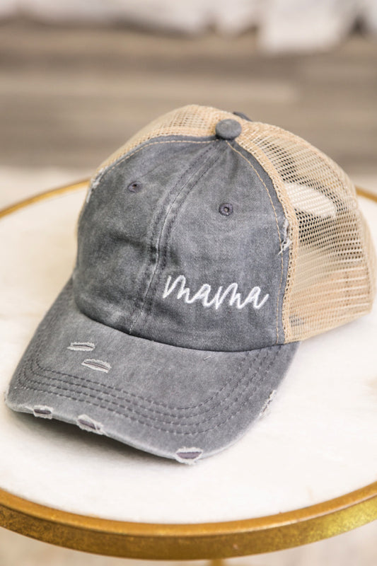 Cursive Mama Embroidered Messy Bun Hat
