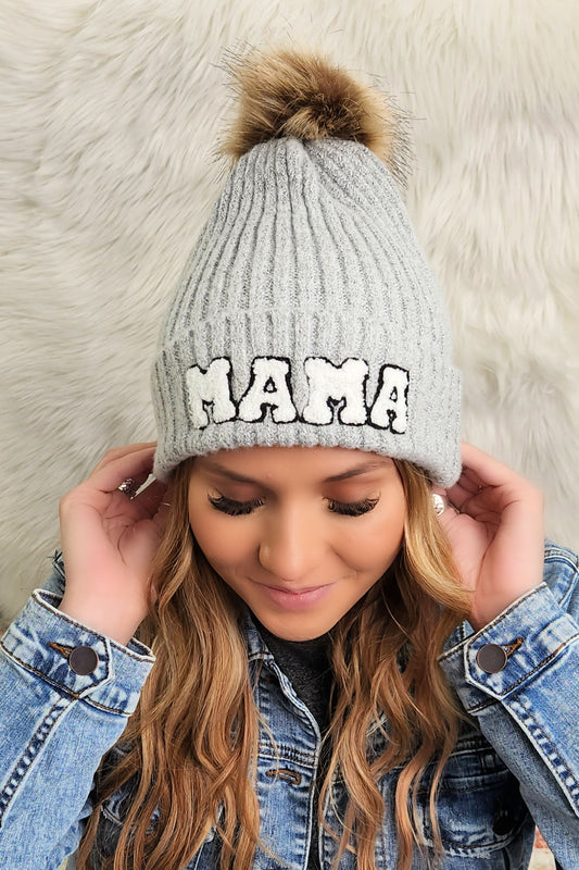 Mama Beanie | Chenille Patch w/Faux Fur Pom