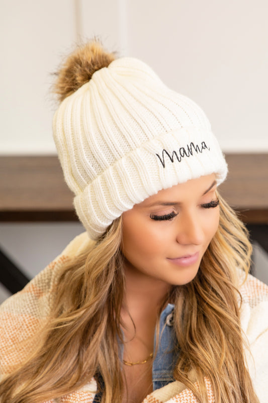 Mama Embroidered Pom Beanie
