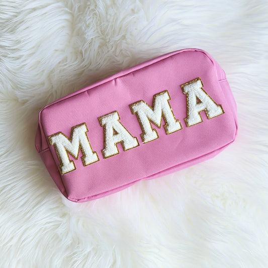 Mama | Chenille Letter Patch | Pink Cosmetic Makeup Bag