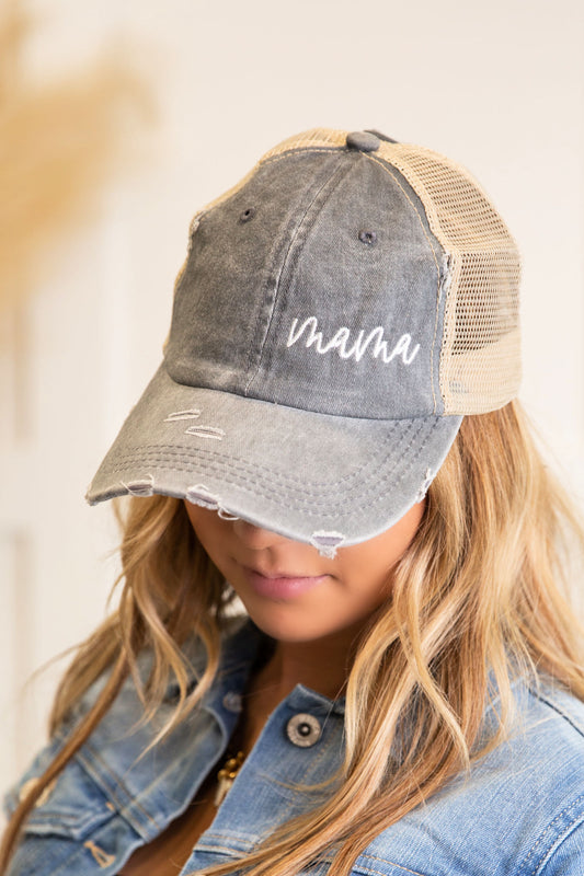 Cursive Mama Embroidered Messy Bun Hat